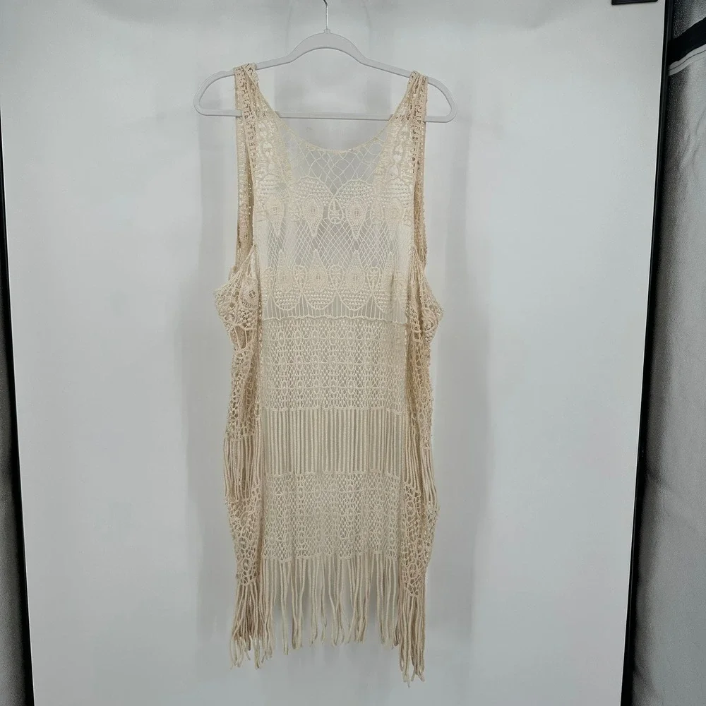 Fairy Boho Women Crochet Fringe Vest Size M Duster Sheer Festival Layering Cream